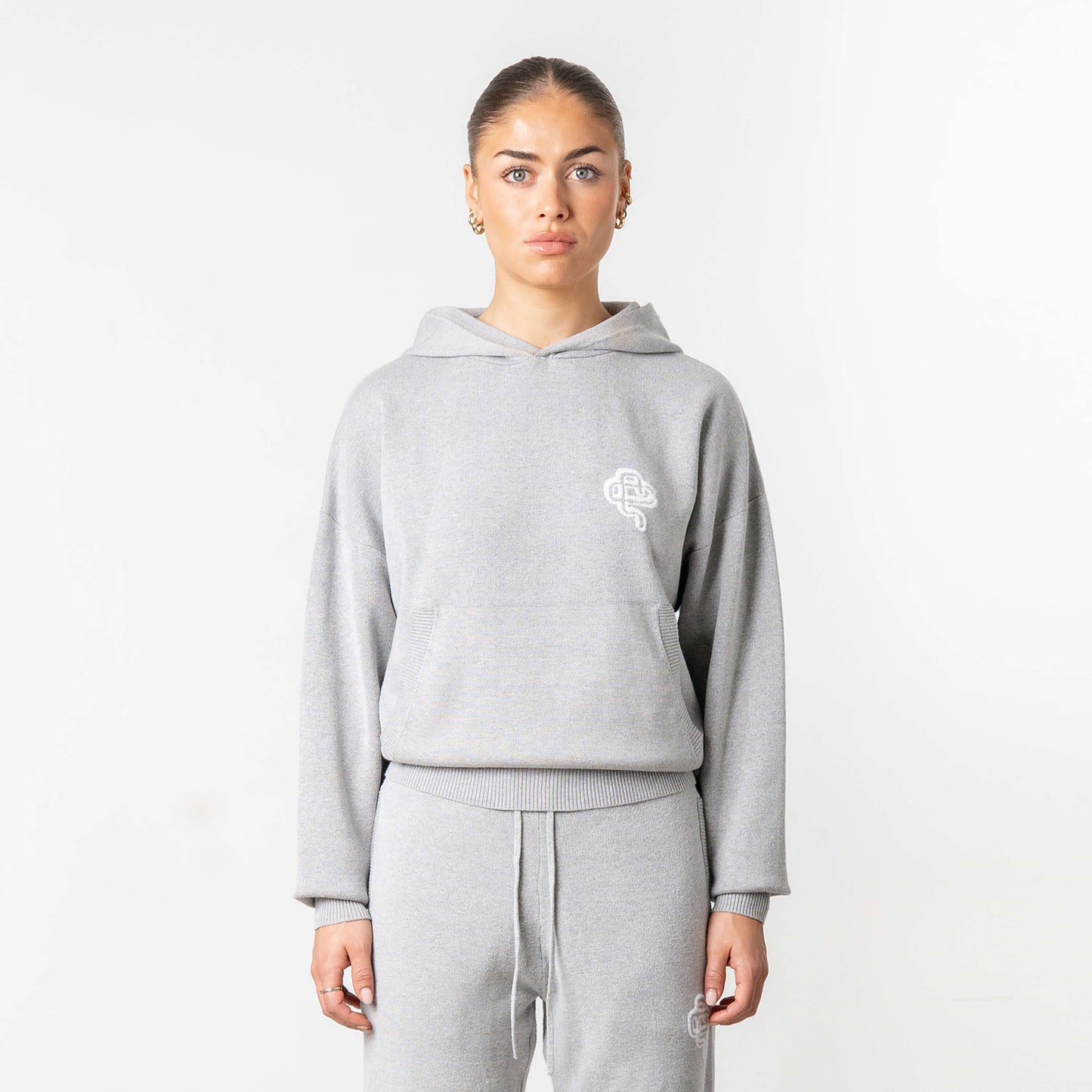 FLO KNITTED HOODIE | GREY MELEE/WHITE