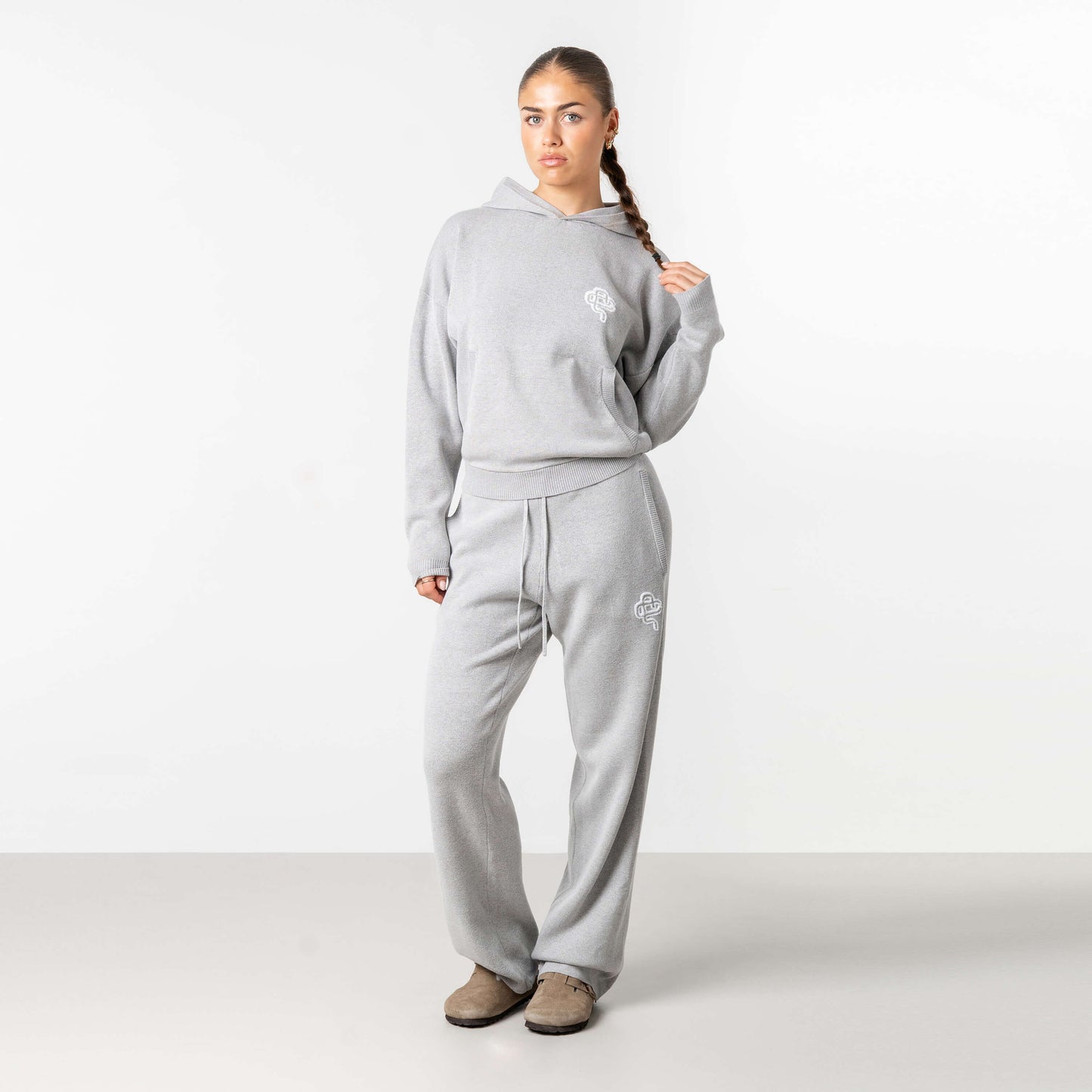 FLO KNITTED HOODIE | GREY MELEE/WHITE